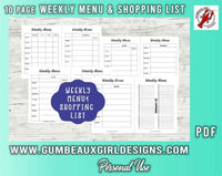 Weekly Menu, Weekly Menu Planner, Shopping Planner, Calories meal planner