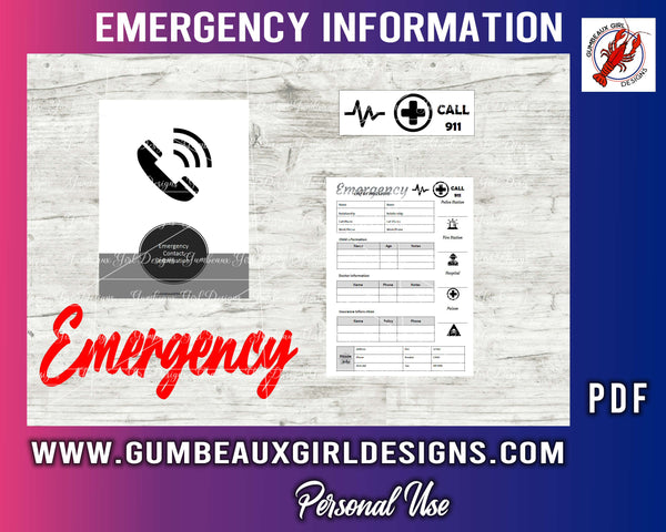 Emergency information, Emergency Call, Call 911, Babysitter Information, Printable Planner