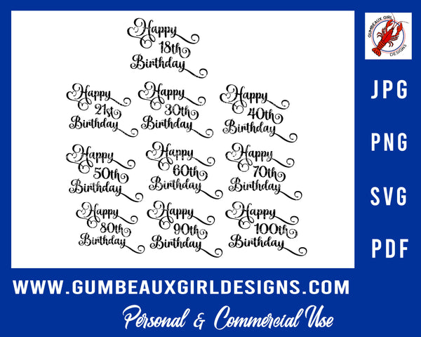 Happy Birthday Cut Files 18th 21st 30th 40th 50th 60th 70th 80th 90th 100th 4 File types svg pdf jpg png